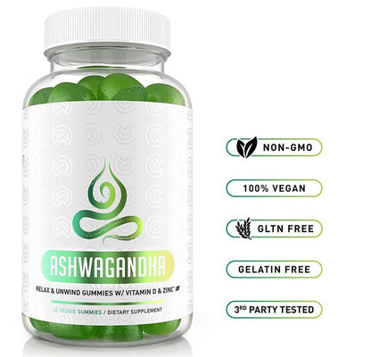Bom preço Gomes de Ashwagandha de ação tripla com zinco e vitamina D para suporte ao humor 60 peças / garrafa on-line